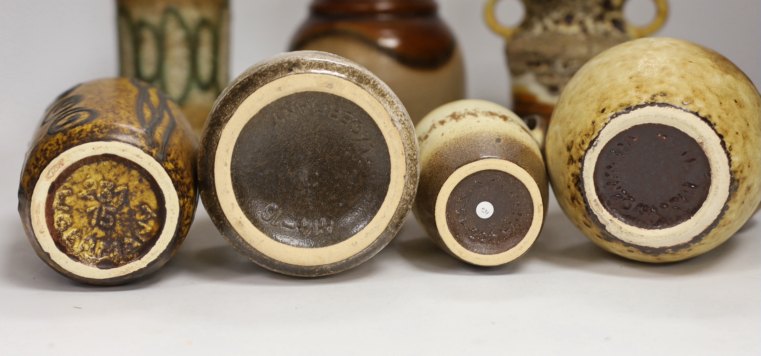 Seven West German pottery items including Scheurich and Bay vases, tallest 18cm